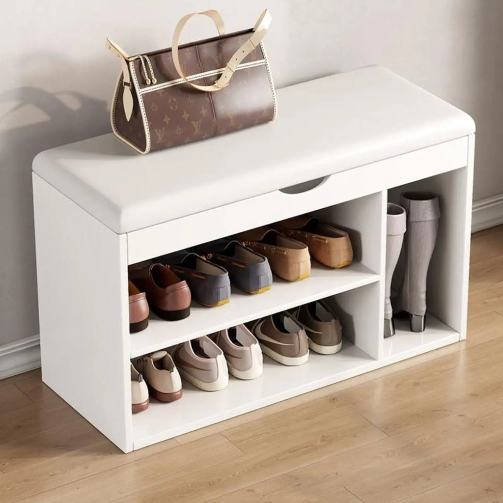 Banc de rangement à chaussures en bois massif avec coussin et étagère ouverte
