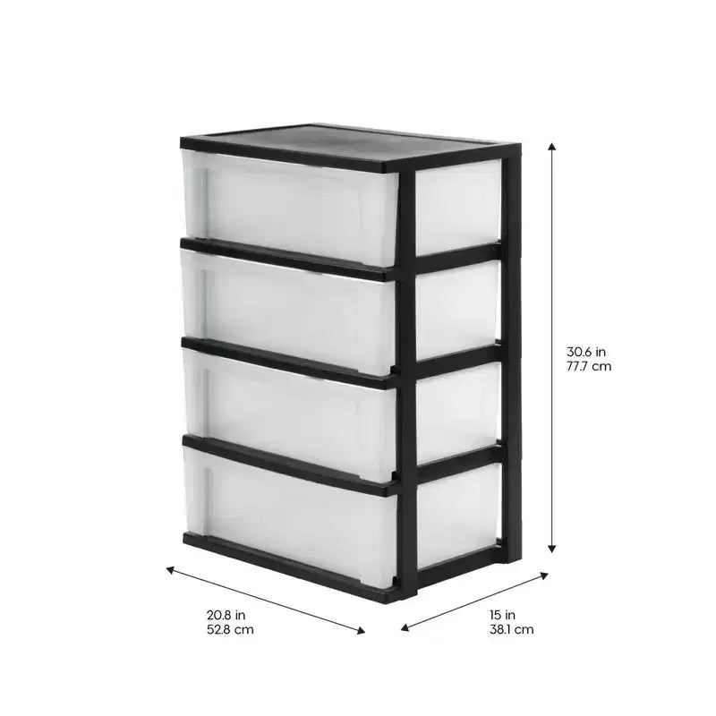 IRIS Commode de rangement large en plastique à 4 tiroirs Noir