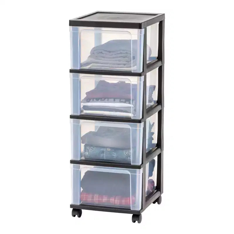 IRIS Chariot de rangement étroit en plastique à 4 tiroirs Noir Lot de 2