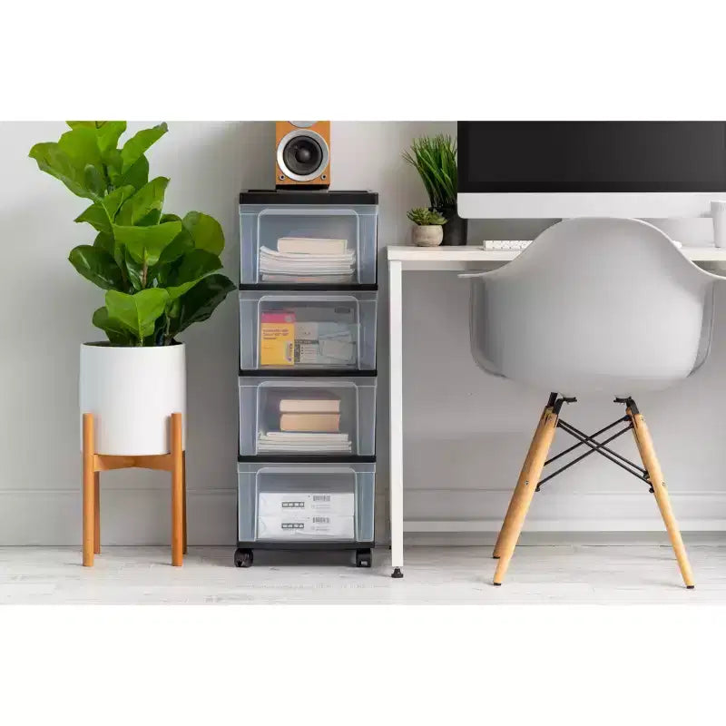 IRIS Chariot de rangement étroit en plastique à 4 tiroirs Noir Lot de 2