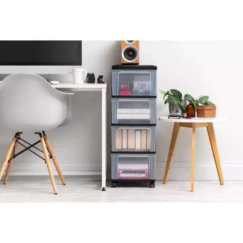 IRIS Chariot de rangement étroit en plastique à 4 tiroirs Noir Lot de 2