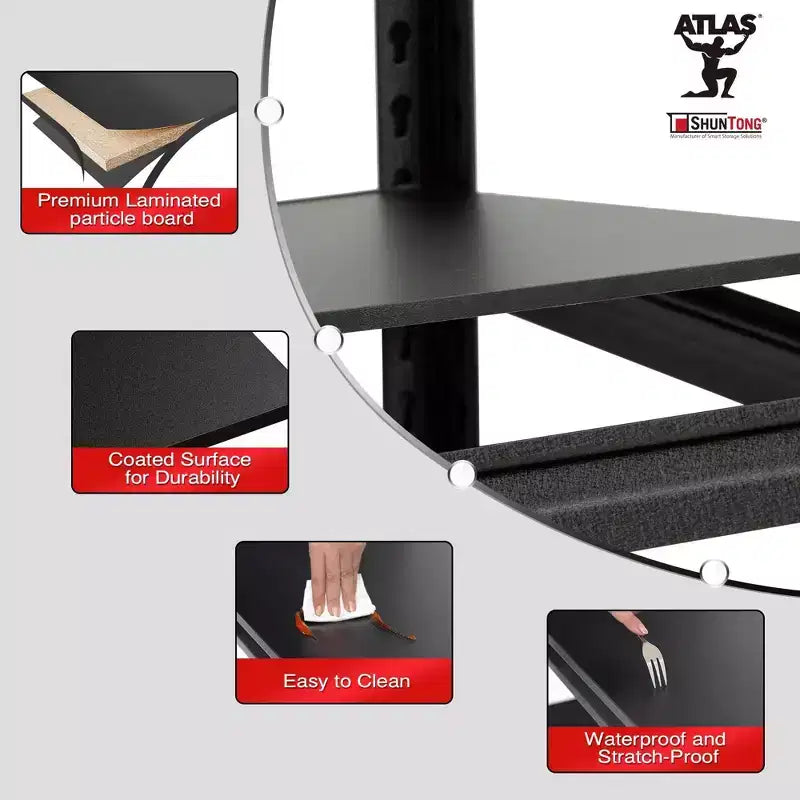 Shuntong Étagère métallique 5 niveaux 48 po x 18 po x 72 po avec poteaux dissimulés, planches laminées, finition texturée noire
