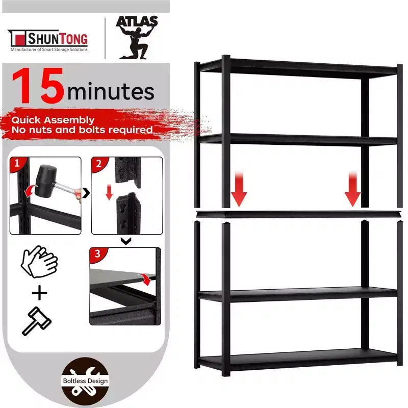 Shuntong Étagère métallique 5 niveaux 48 po x 18 po x 72 po avec poteaux dissimulés, planches laminées, finition texturée noire