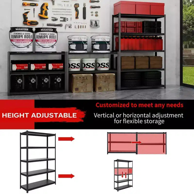 Shuntong Étagère métallique 5 niveaux 48 po x 18 po x 72 po avec poteaux dissimulés, planches laminées, finition texturée noire