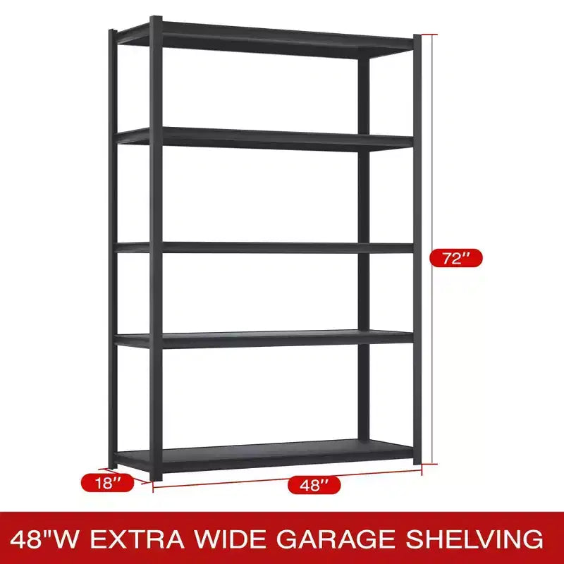 Shuntong Étagère métallique 5 niveaux 48 po x 18 po x 72 po avec poteaux dissimulés, planches laminées, finition texturée noire