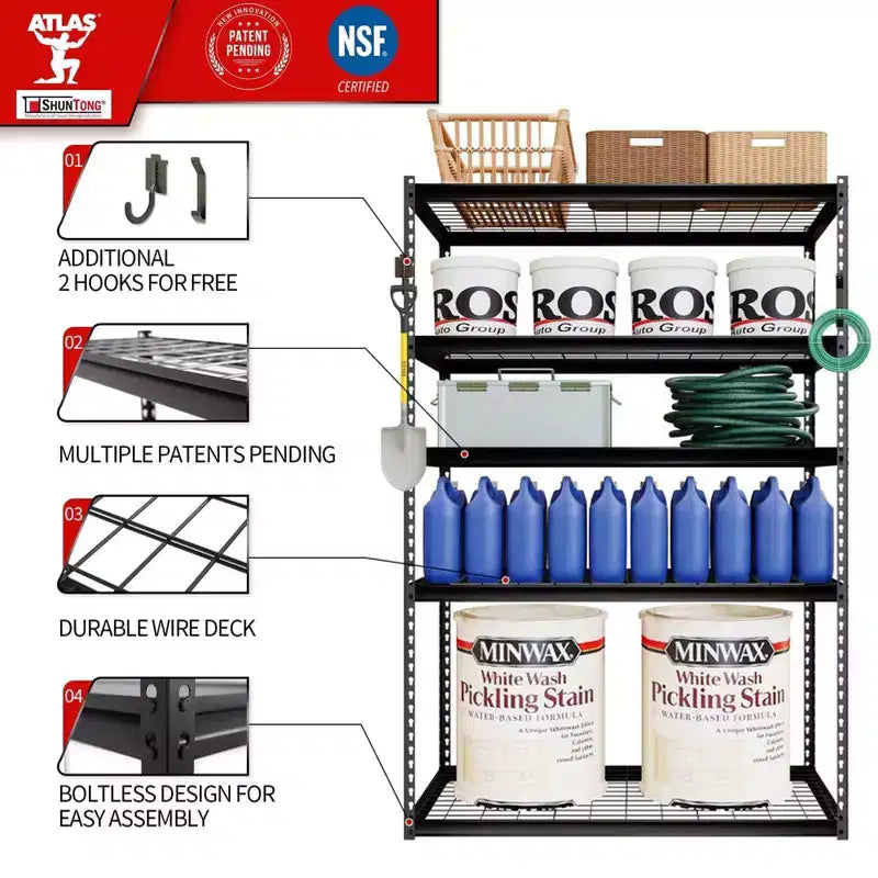 Étagère Atlas à 5 niveaux 48 po x 24 po x 72 po en acier sans boulons Charge 4000 lb avec plancher grillagé Gris foncé