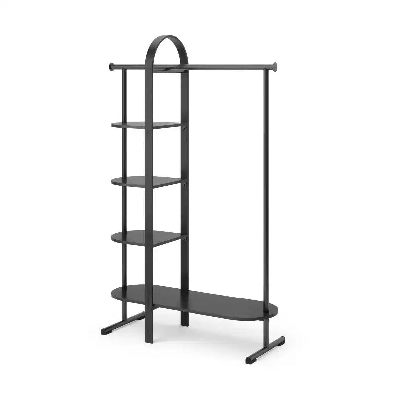 Porte-vêtements Umbra Bellwood noir : cadre en eucalyptus, tringle et étagère fixes, hauteur de 167 cm, capacité de 55 kg, outils de montage inclus