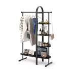 Porte-vêtements Umbra Bellwood noir : cadre en eucalyptus, tringle et étagère fixes, hauteur de 167 cm, capacité de 55 kg, outils de montage inclus