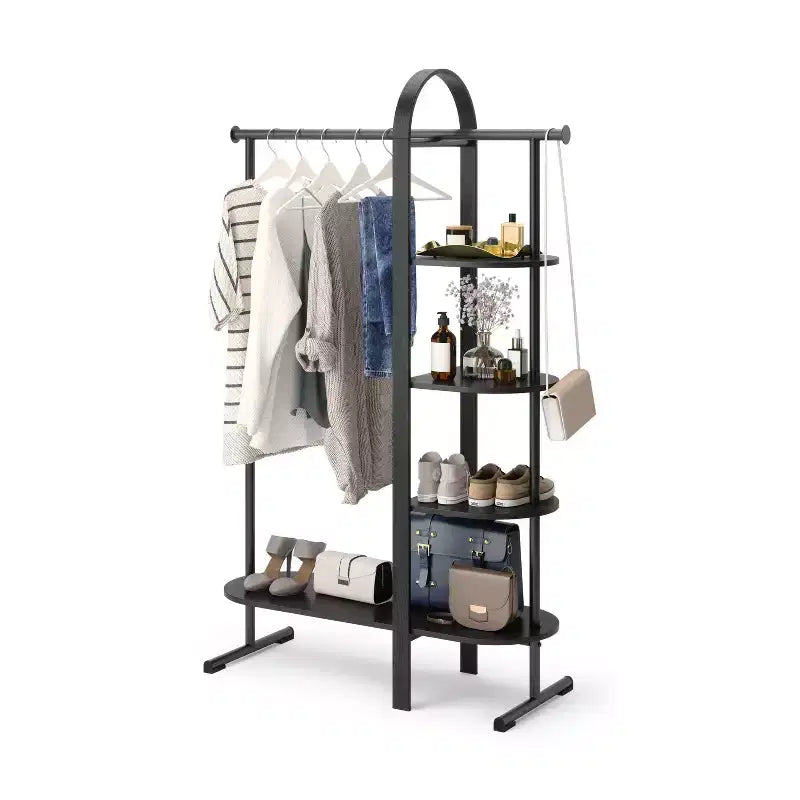 Porte-vêtements Umbra Bellwood noir : cadre en eucalyptus, tringle et étagère fixes, hauteur de 167 cm, capacité de 55 kg, outils de montage inclus