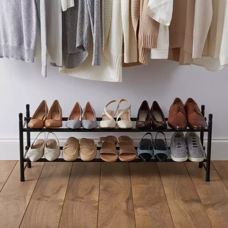 Organize It All Meuble à Chaussures Extensible, Empilable et Réglable à 2 Niveaux, Noir : Structure en Fer, Contient 12 Paires, Largeur de 117 cm