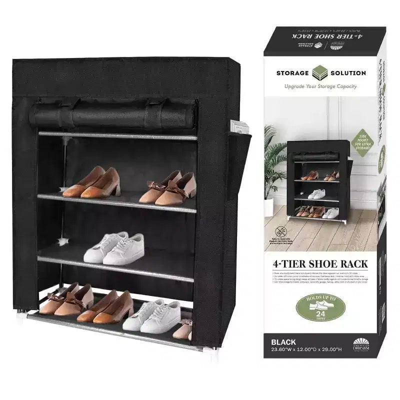 J&V TEXTILES Étagère à chaussures 4 niveaux avec poche latérale Peut contenir 24 chaussures Noir