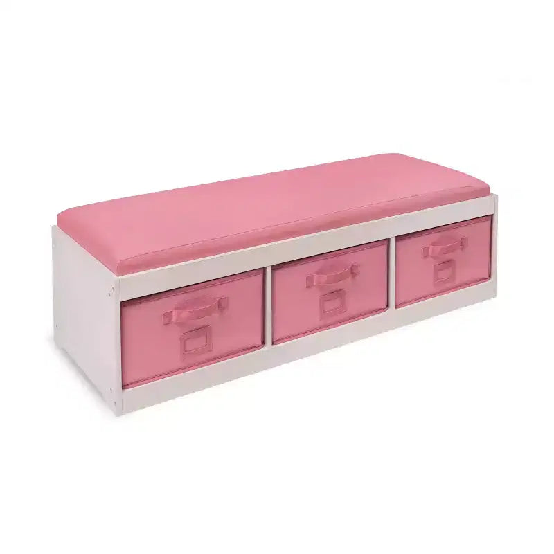 Badger Basket Kids' Storage Bench with Cushion and Three Bins White with Pink