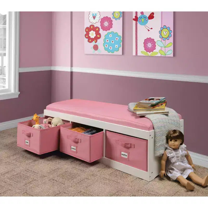 Banc de rangement pour enfants Badger Basket avec coussin et trois bacs Blanc avec rose
