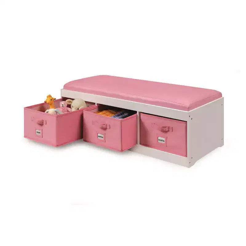 Banc de rangement pour enfants Badger Basket avec coussin et trois bacs Blanc avec rose