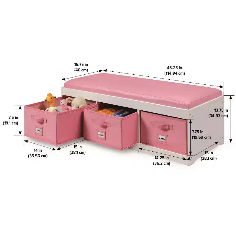Banc de rangement pour enfants Badger Basket avec coussin et trois bacs Blanc avec rose