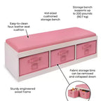 Banc de rangement pour enfants Badger Basket avec coussin et trois bacs Blanc avec rose