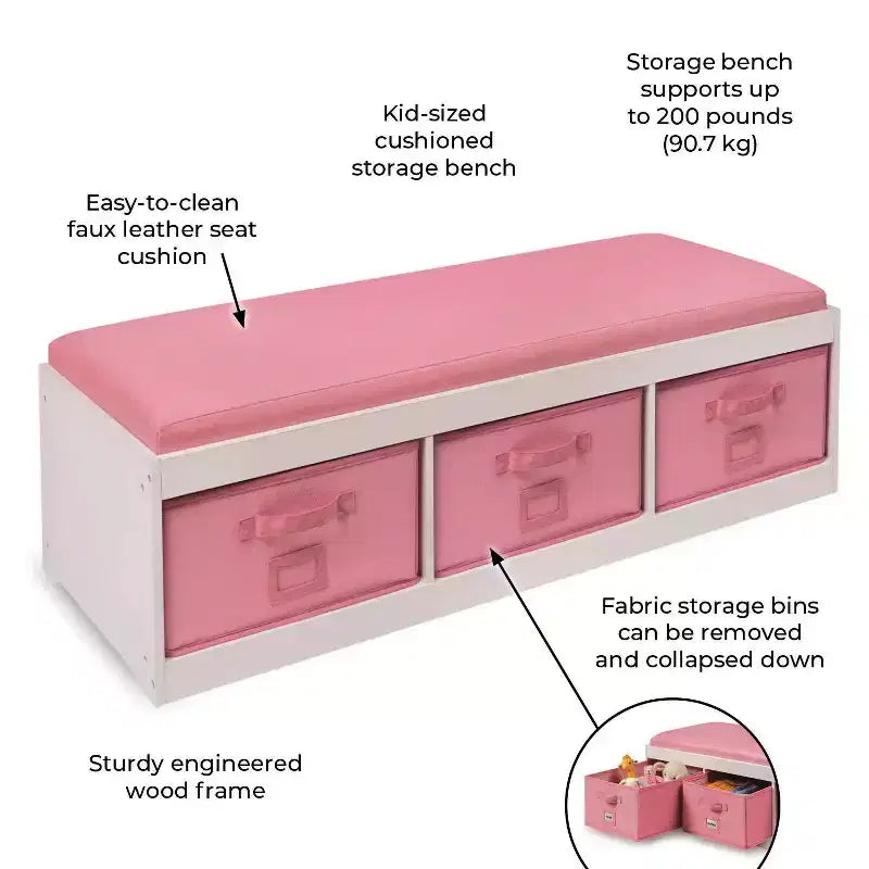 Banc de rangement pour enfants Badger Basket avec coussin et trois bacs Blanc avec rose