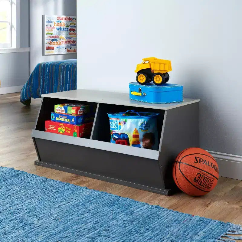 Badger Basket Rangement superposable 2 bacs anthracite/grain de bois gris : rangement de jouets, stratifié MDF, dos fermé, 3 ans et plus