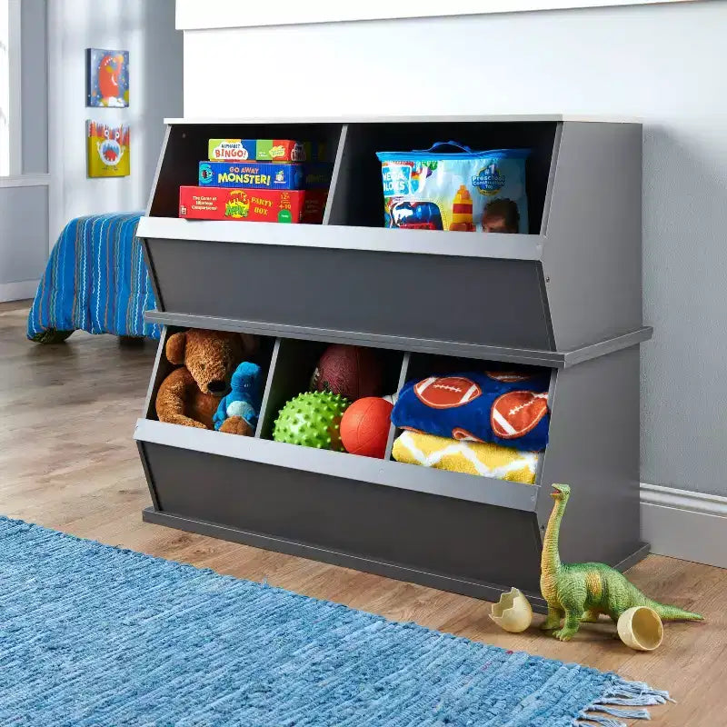 Badger Basket Rangement superposable 2 bacs anthracite/grain de bois gris : rangement de jouets, stratifié MDF, dos fermé, 3 ans et plus