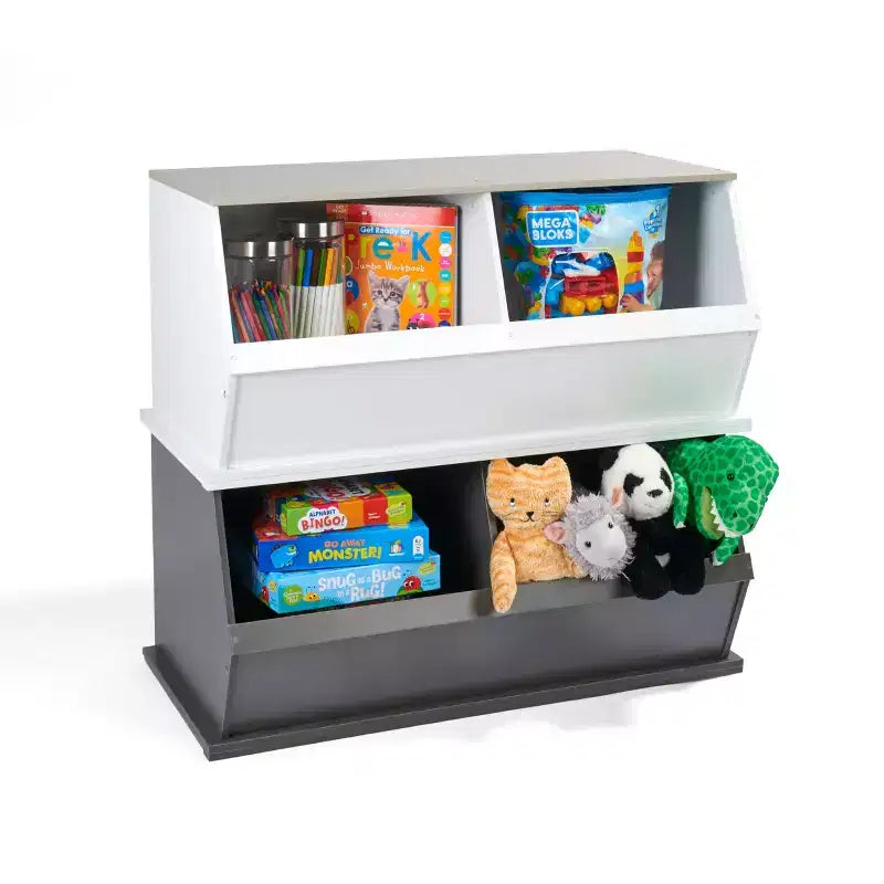 Badger Basket Rangement superposable 2 bacs anthracite/grain de bois gris : rangement de jouets, stratifié MDF, dos fermé, 3 ans et plus