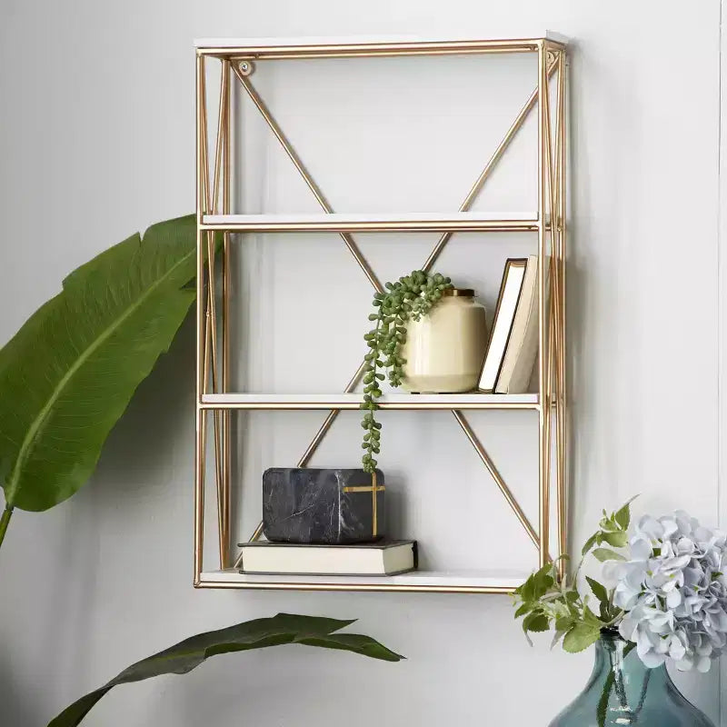 Olivia & May Étagère Murale en Bois Doré 60 x 40 cm à 4 Niveaux : MDF Poli, Aucun Assemblage Requis, Style Décoratif Luxe Glamour