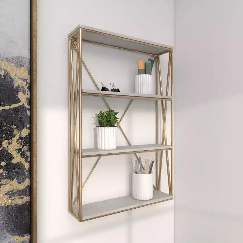 Olivia & May Étagère Murale en Bois Doré 60 x 40 cm à 4 Niveaux : MDF Poli, Aucun Assemblage Requis, Style Décoratif Luxe Glamour