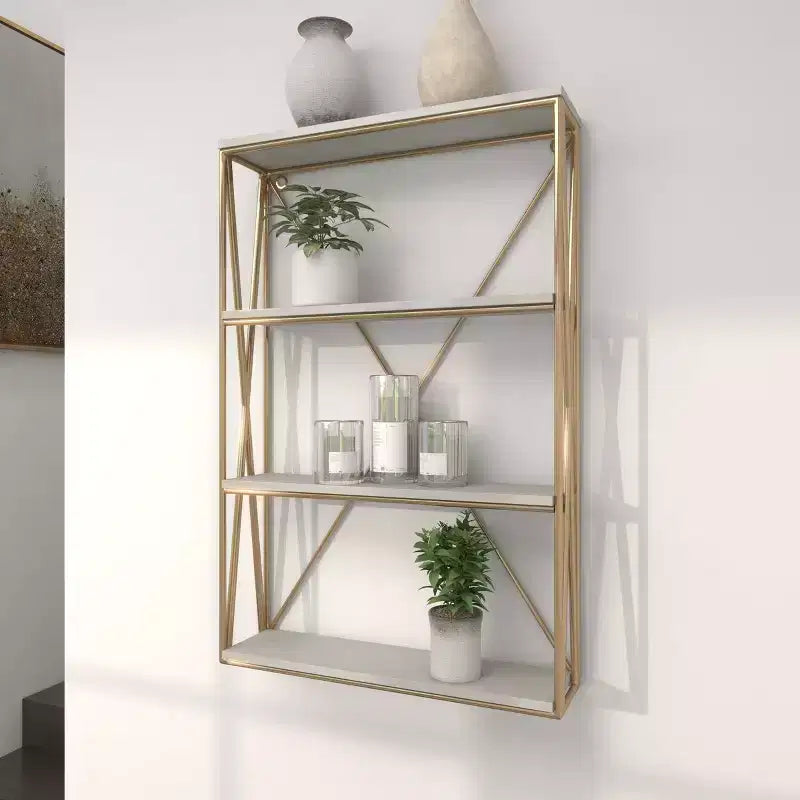 Olivia & May Étagère Murale en Bois Doré 60 x 40 cm à 4 Niveaux : MDF Poli, Aucun Assemblage Requis, Style Décoratif Luxe Glamour