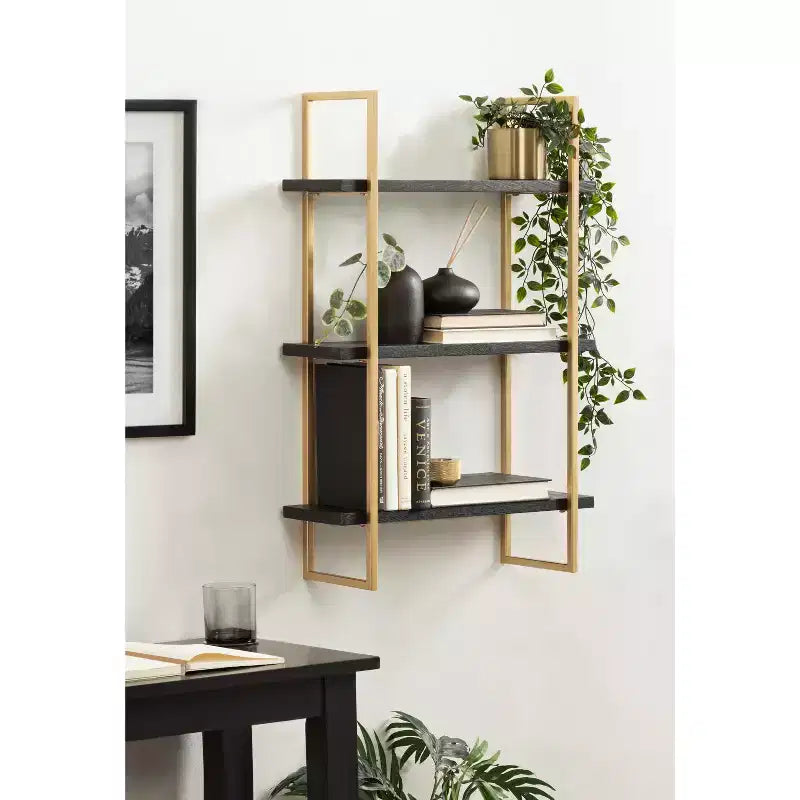 Kate & Laurel All Things Decor Étagère murale en bois et métal Leigh de 20 po x 30 po noire : Style Glamour de Luxe, Rangement suspendu à 3 niveaux