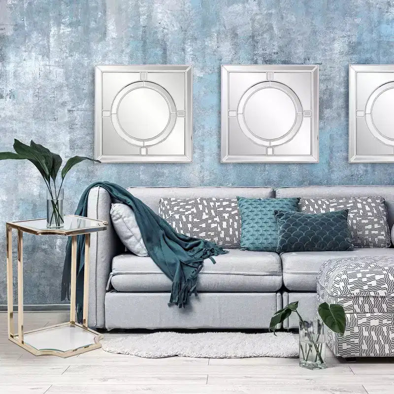 Miroir mural carré Howard Elliott 20"x20" : Cadre en feuille d'argent champagne, style Art déco, à fixer au mur