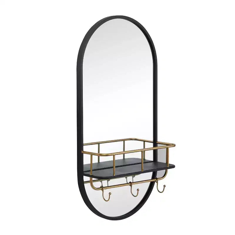 Miroir Mural Ovale en Métal 1 Étagère Noir - Olivia & May : Style Moderne, Forme Ronde, Aucun Assemblage Requis