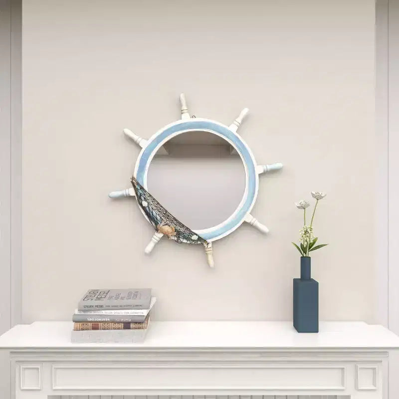 Miroir mural en forme de roue de bateau en bois avec filet décoratif blanc - Olivia & May : Décoration nautique, forme ronde, aucun assemblage requis