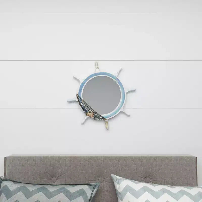 Miroir mural en forme de roue de bateau en bois avec filet décoratif blanc - Olivia & May : Décoration nautique, forme ronde, aucun assemblage requis