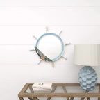 Miroir mural en forme de roue de bateau en bois avec filet décoratif blanc - Olivia & May : Décoration nautique, forme ronde, aucun assemblage requis