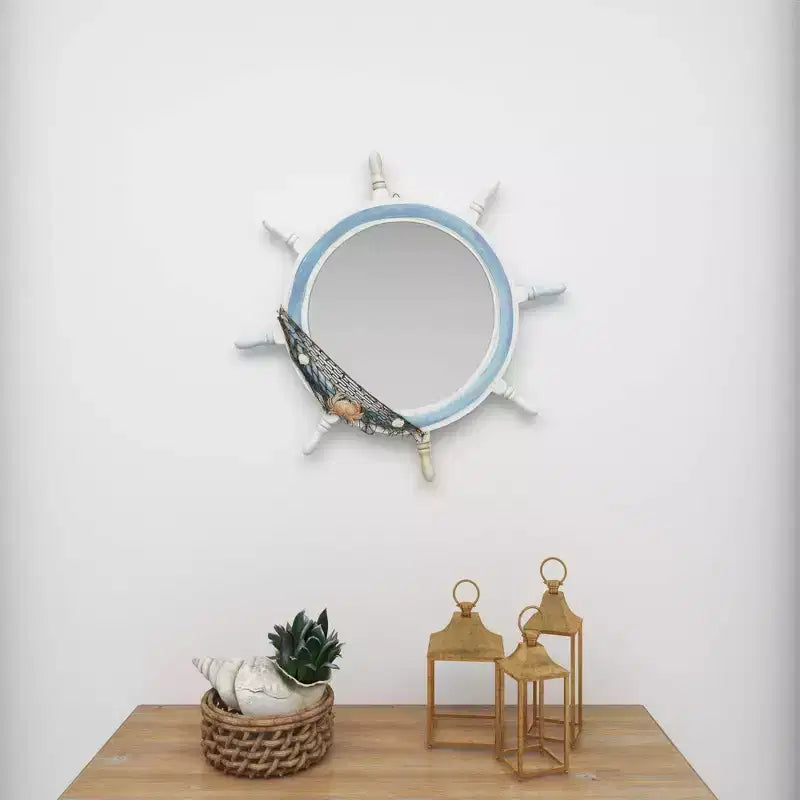 Miroir mural en forme de roue de bateau en bois avec filet décoratif blanc - Olivia & May : Décoration nautique, forme ronde, aucun assemblage requis