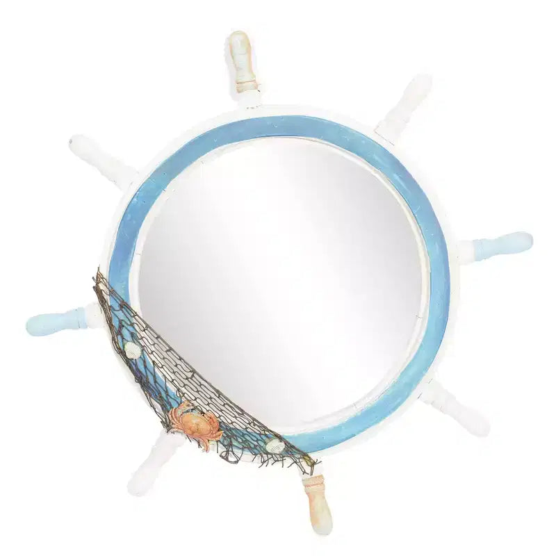 Miroir mural en forme de roue de bateau en bois avec filet décoratif blanc - Olivia & May : Décoration nautique, forme ronde, aucun assemblage requis