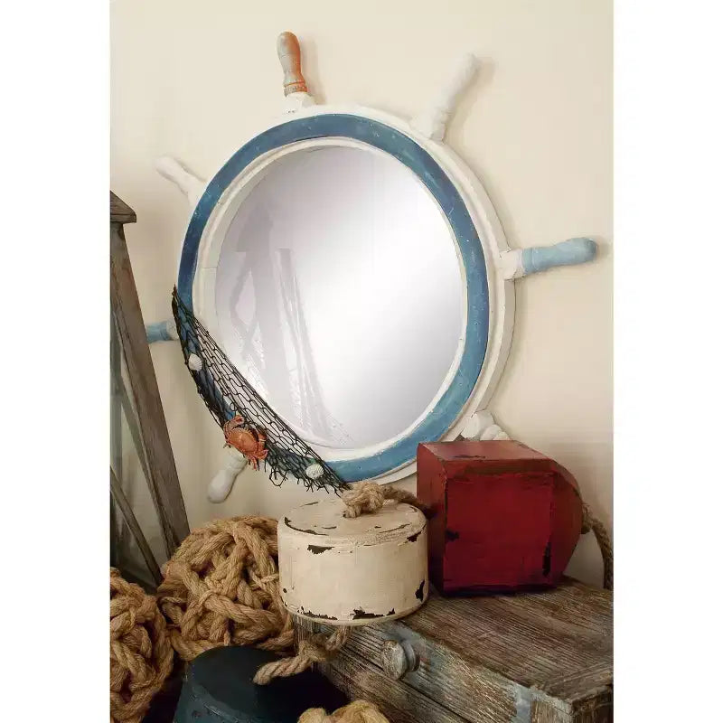 Miroir mural en forme de roue de bateau en bois avec filet décoratif blanc - Olivia & May : Décoration nautique, forme ronde, aucun assemblage requis