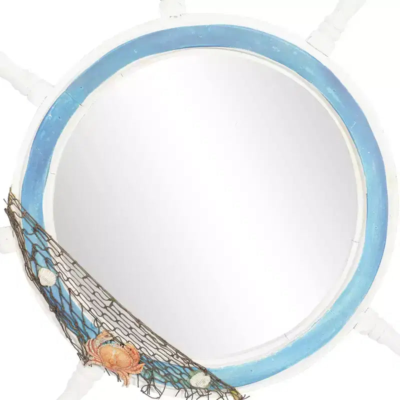 Miroir mural en forme de roue de bateau en bois avec filet décoratif blanc - Olivia & May : Décoration nautique, forme ronde, aucun assemblage requis