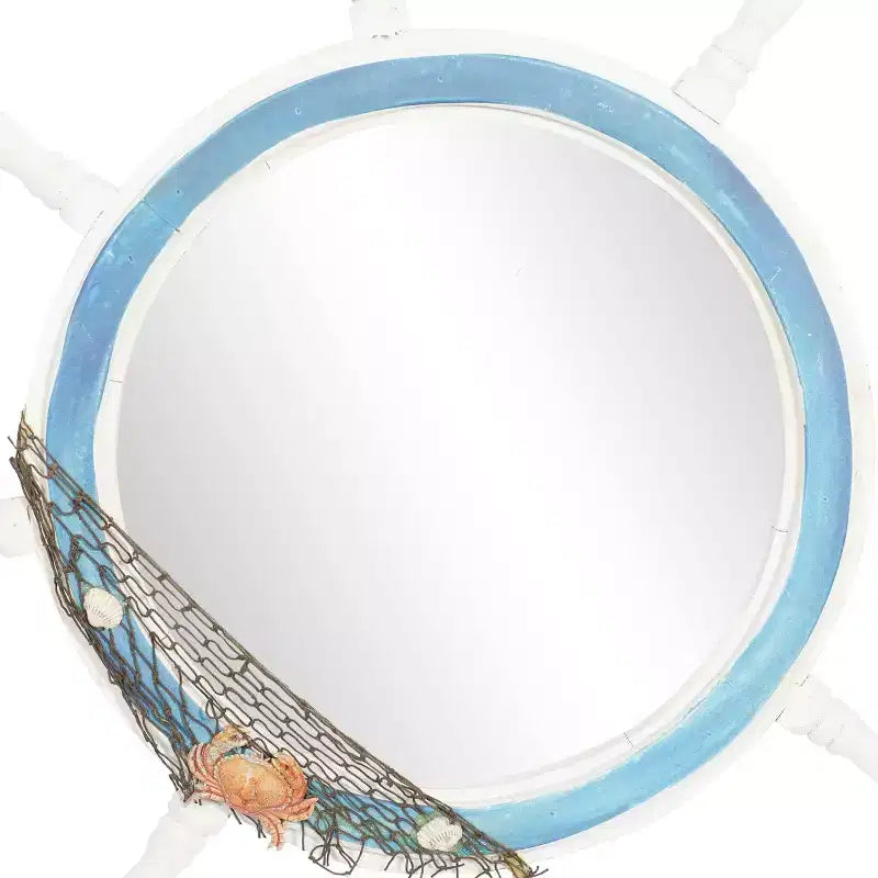 Miroir mural en forme de roue de bateau en bois avec filet décoratif blanc - Olivia & May : Décoration nautique, forme ronde, aucun assemblage requis