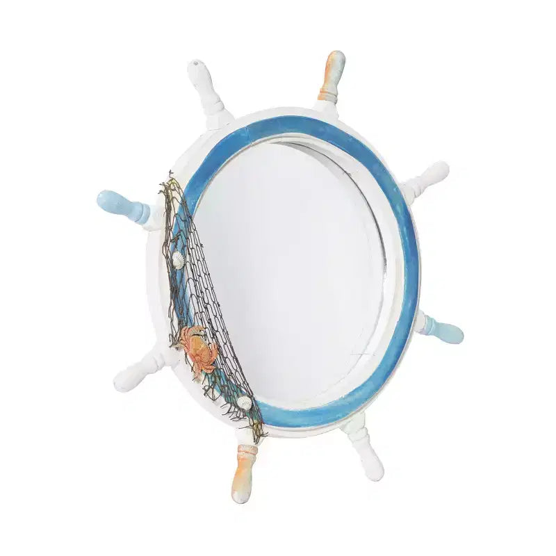 Miroir mural en forme de roue de bateau en bois avec filet décoratif blanc - Olivia & May : Décoration nautique, forme ronde, aucun assemblage requis