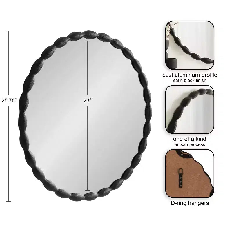 Kate & Laurel All Things Decor Miroir rond moderne festonné 66 cm Perlina Noir : Matériel de montage inclus, aucun assemblage requis