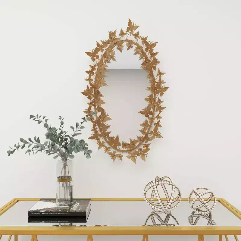 Miroir mural papillon en métal doré - Olivia & May : Cadre en fer, forme ronde, aucun assemblage requis