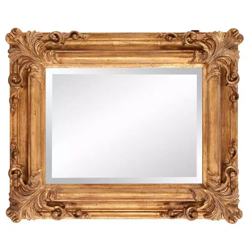 Miroir mural décoratif en bois Howard Elliott Edwin 23"x20", cadre doré : Verre biseauté, style antique, montage vertical/horizontal
