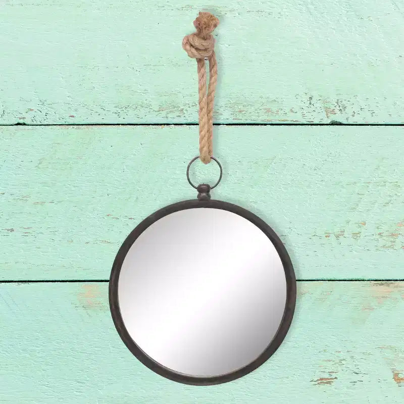 Grand miroir mural rond en métal avec corde de suspension – Collection Stonebriar : Décoration moderne, aucun assemblage requis