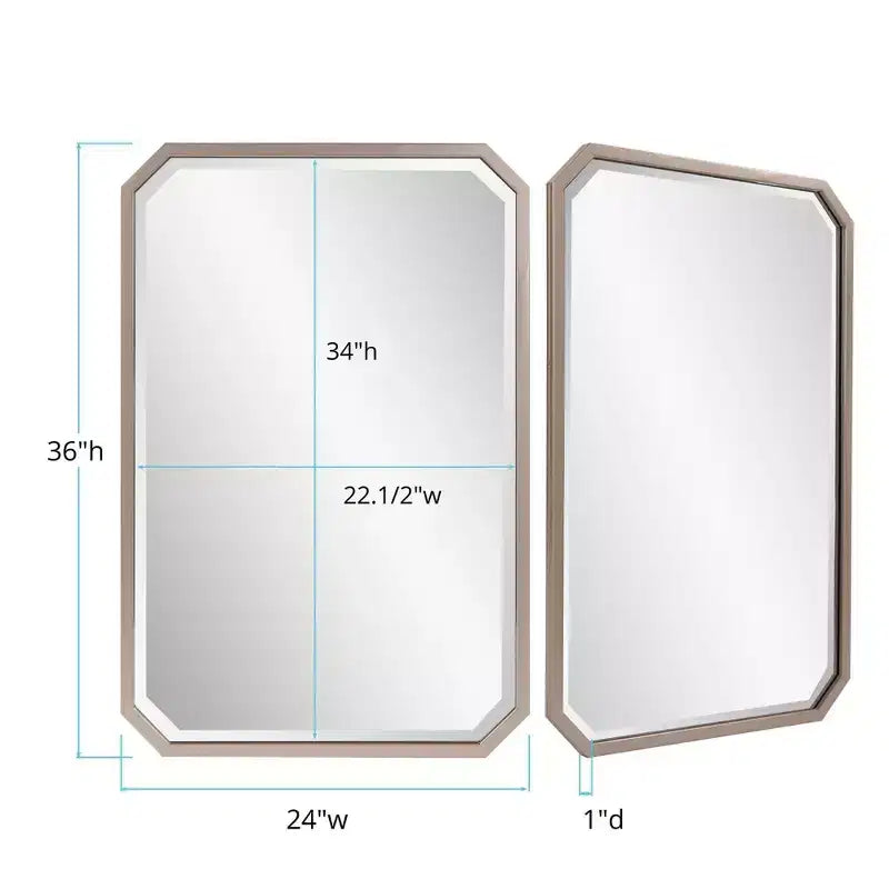 Miroir mural octogonal biseauté allongé Howard Elliott 36"x24" Argent chaud mat : cadre en métal couleur champagne, aucun assemblage requis