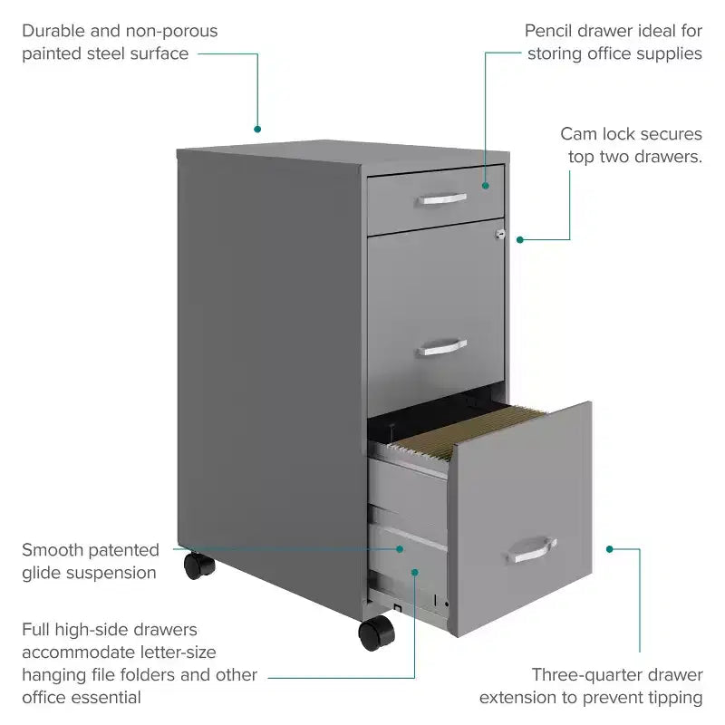 Space Solutions Classeur mobile vertical à 3 tiroirs d'une profondeur de 18 po et d'une largeur format Lettre, Arctic Silver
