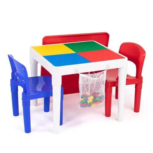 3pc 2 in 1 Square Activity Kids' Table with 2 Chairs Blue/Red - Humble Crew: Toddler Furniture for Playroom, Plastic Set