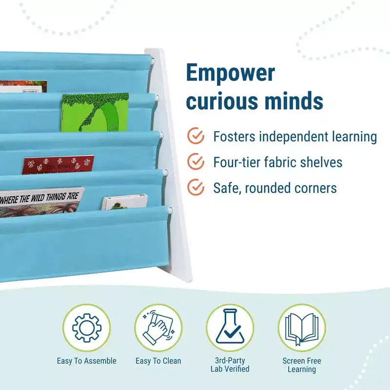 Étagère à livres pour enfants WildKin Premium Sling, blanc/aqua : bibliothèque fantaisie à 4 niveaux en MDF pour rangement d'enfants, 3 ans et plus