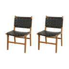Chaises de salle à manger tressées faites à la main en cuir avec cadre en bois de teck - Lot de 2 Marron, Blanc ou Noir - Roche River Decor