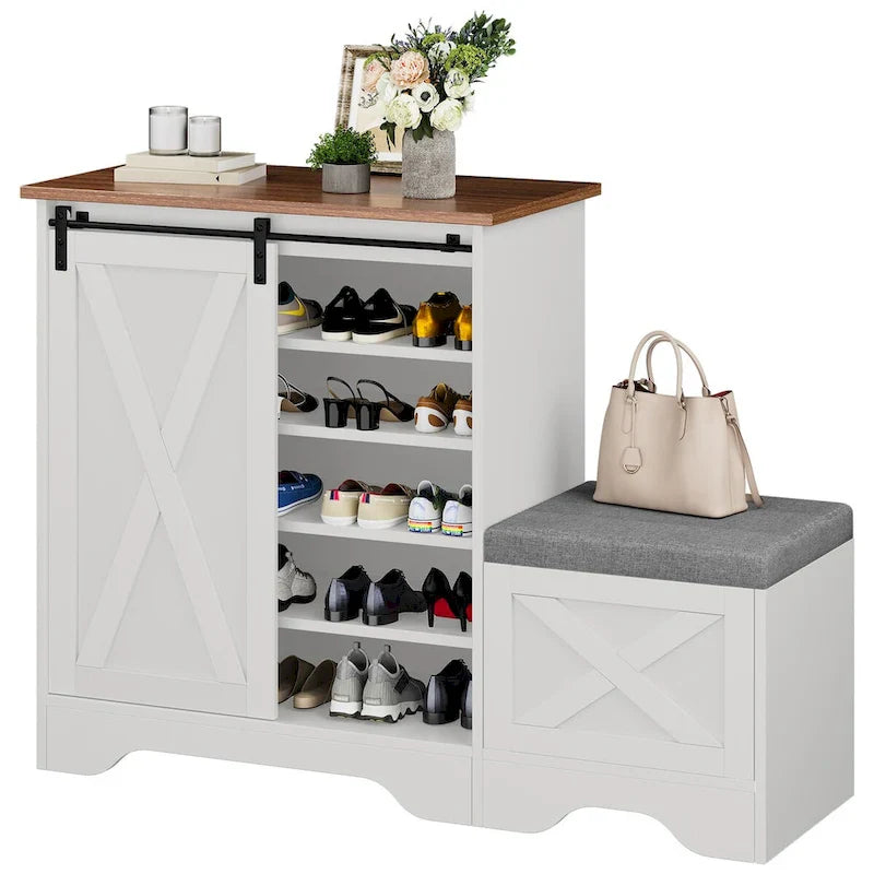 Meuble à chaussures de ferme avec porte coulissante, banc à chaussures, armoire de rangement à 5 niveaux avec étagères réglables pour 20 paires