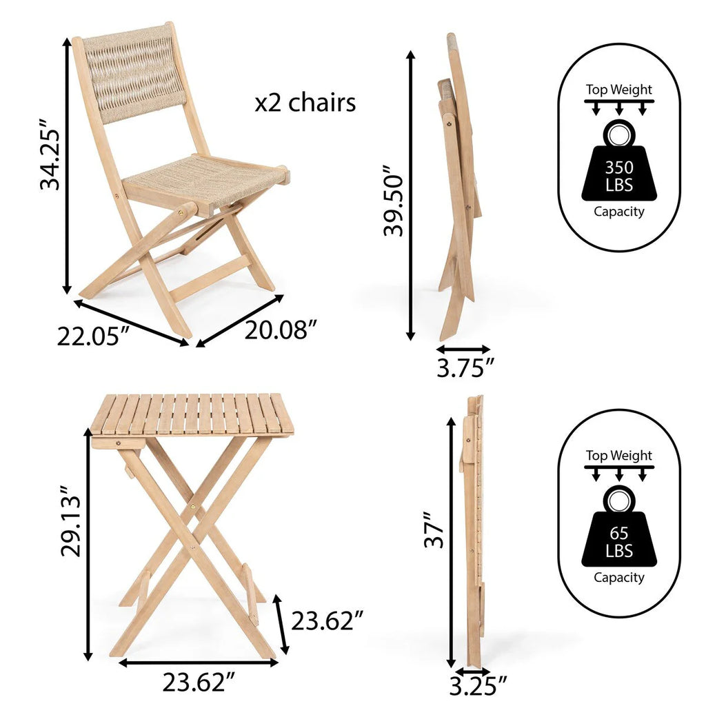 Ensemble bistrot pliant d'extérieur 3 pièces Cadiz Modern Coastal en bois d'acacia, par JONATHAN Y